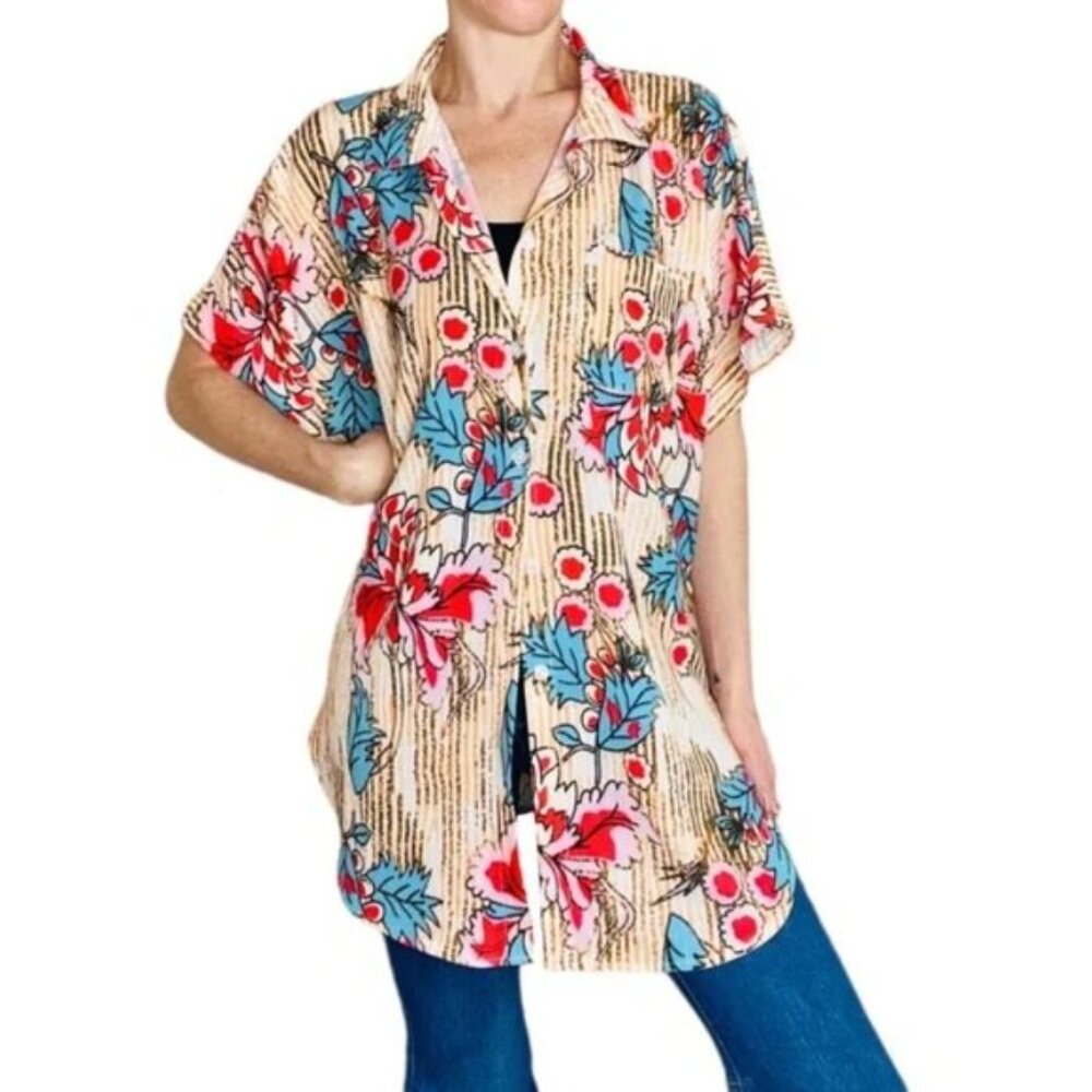 CUPSHE Floral & Striped Tropical Oversized Swim Beach Button Front Cover-Up Top